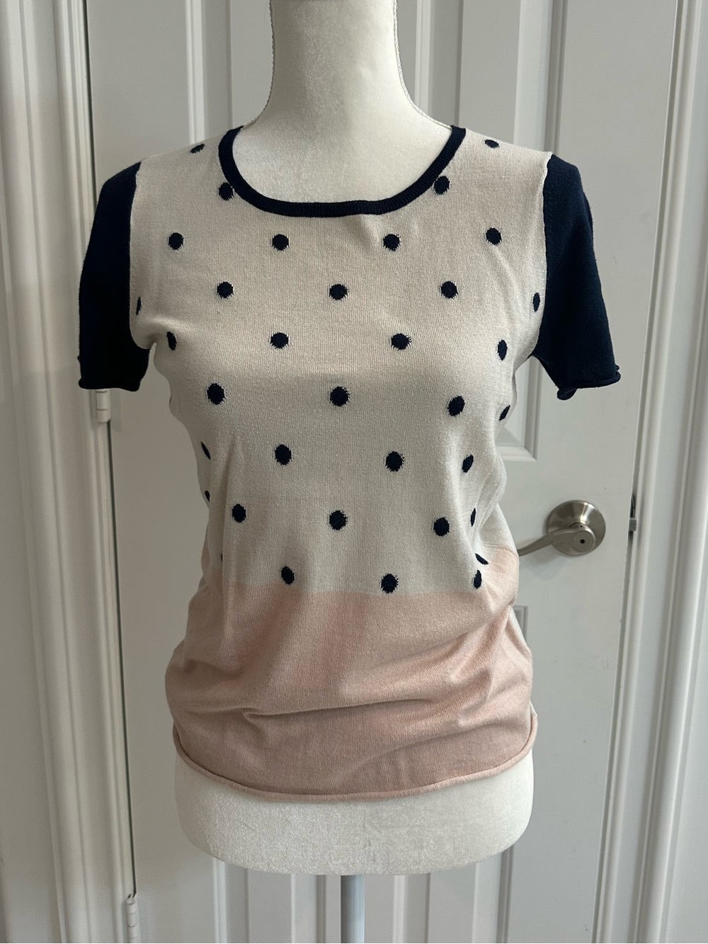 KIER + J Navy, Cream & Blush Polka Dot Short Sleeve Top